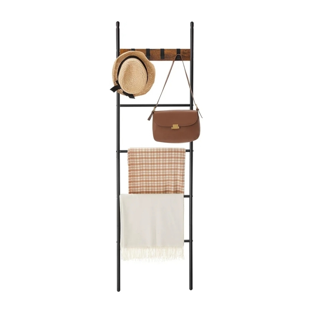 Vasagle 5-Tier Blanket Ladder with Hooks – Rustic Brown & Black Industrial Decor